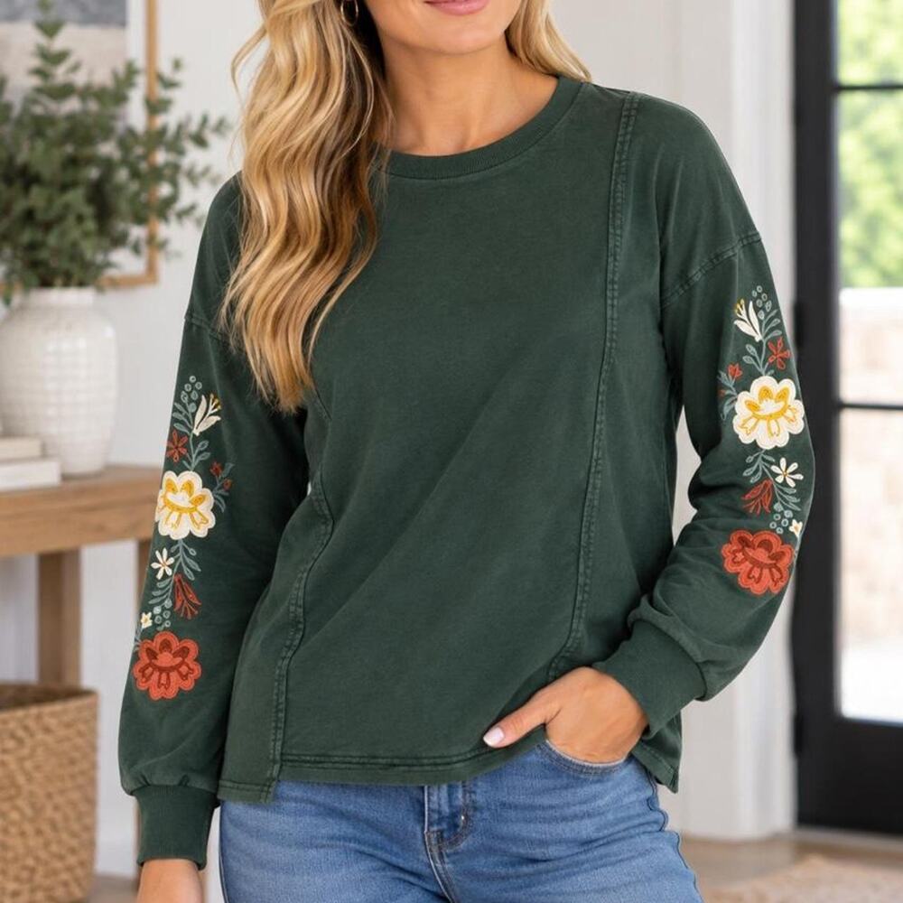 Anniewear XL Green floral long sleeve top with embroidery